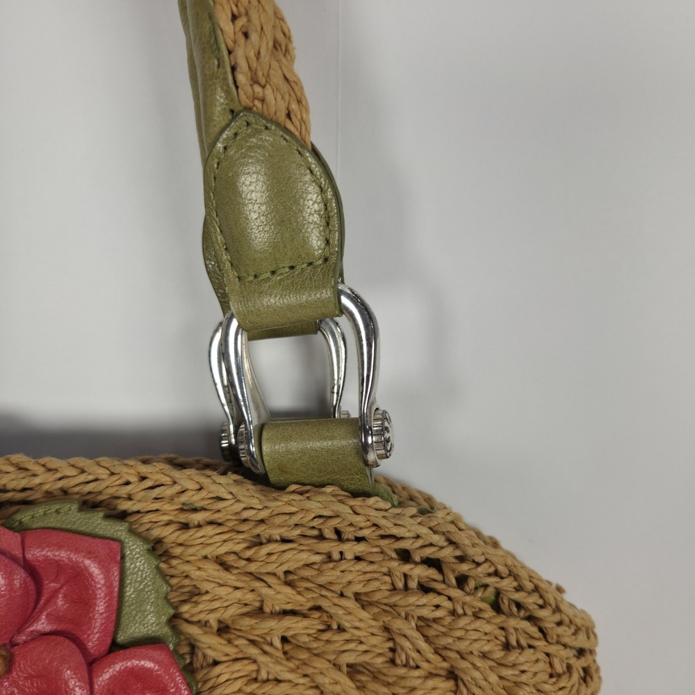 Brighton Shoulder Bag Tan Wicker Pink Leather Flower Accent Top Carry Handles - Picture 5 of 16